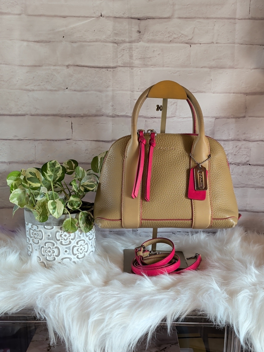 Coach Tan Pebbled Leather Satchel with Hot Pink Trim